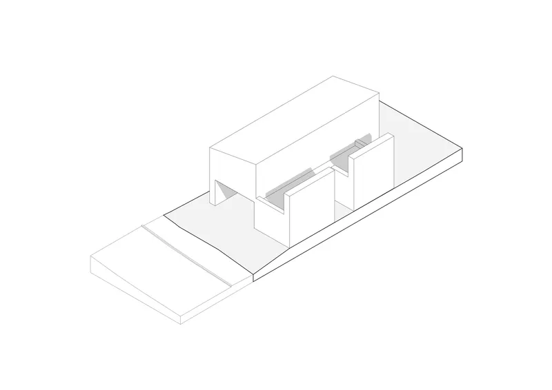 Axonometric drawing revealing the central circulation spine connecting two solid volumes above a platform