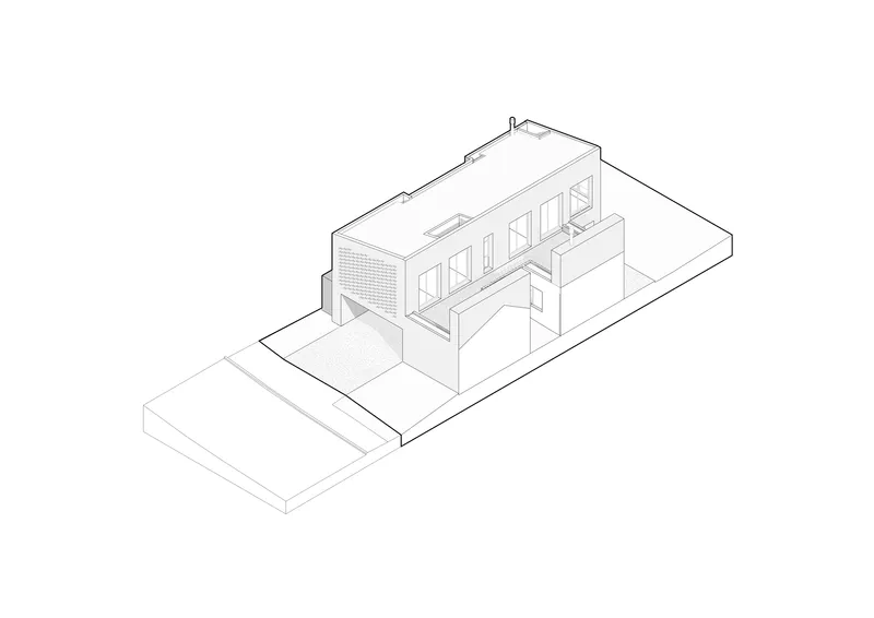 Axonometric drawing displaying the glazed facade with vertical openings and screened side wall on the platform