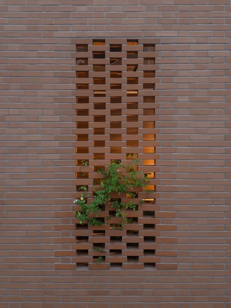 Perforated brick wall panel with climbing greenery growing through the openings at dusk