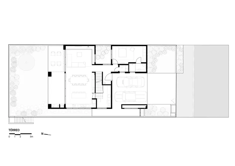 Ground floor plan drawing showing open living spaces and courtyard with adjacent pool area