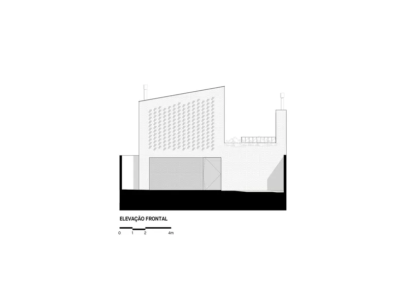 Front elevation drawing showing a two-story volume with perforated screen and tower element