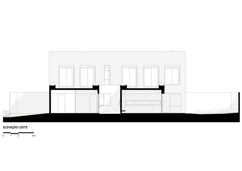 East elevation drawing depicting a horizontal composition with central two-story mass and flanking low wings