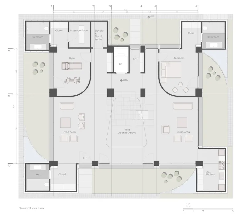 Ground floor plan drawing showing symmetrical wings with living areas flanking a central void