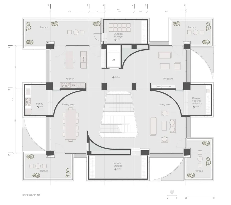 First floor plan drawing showing kitchen and living spaces with corner terraces around central stair void