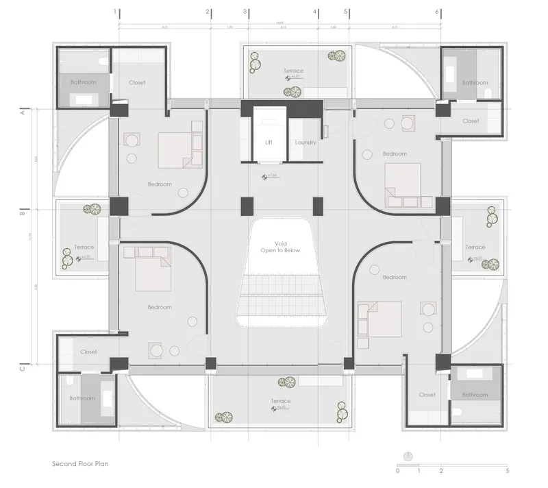 Floor plan drawing showing four bedrooms arranged around a central void open to below