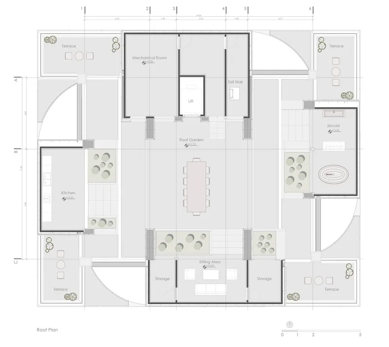 Roof plan drawing with central roof garden dining area flanked by planted beds and terraces