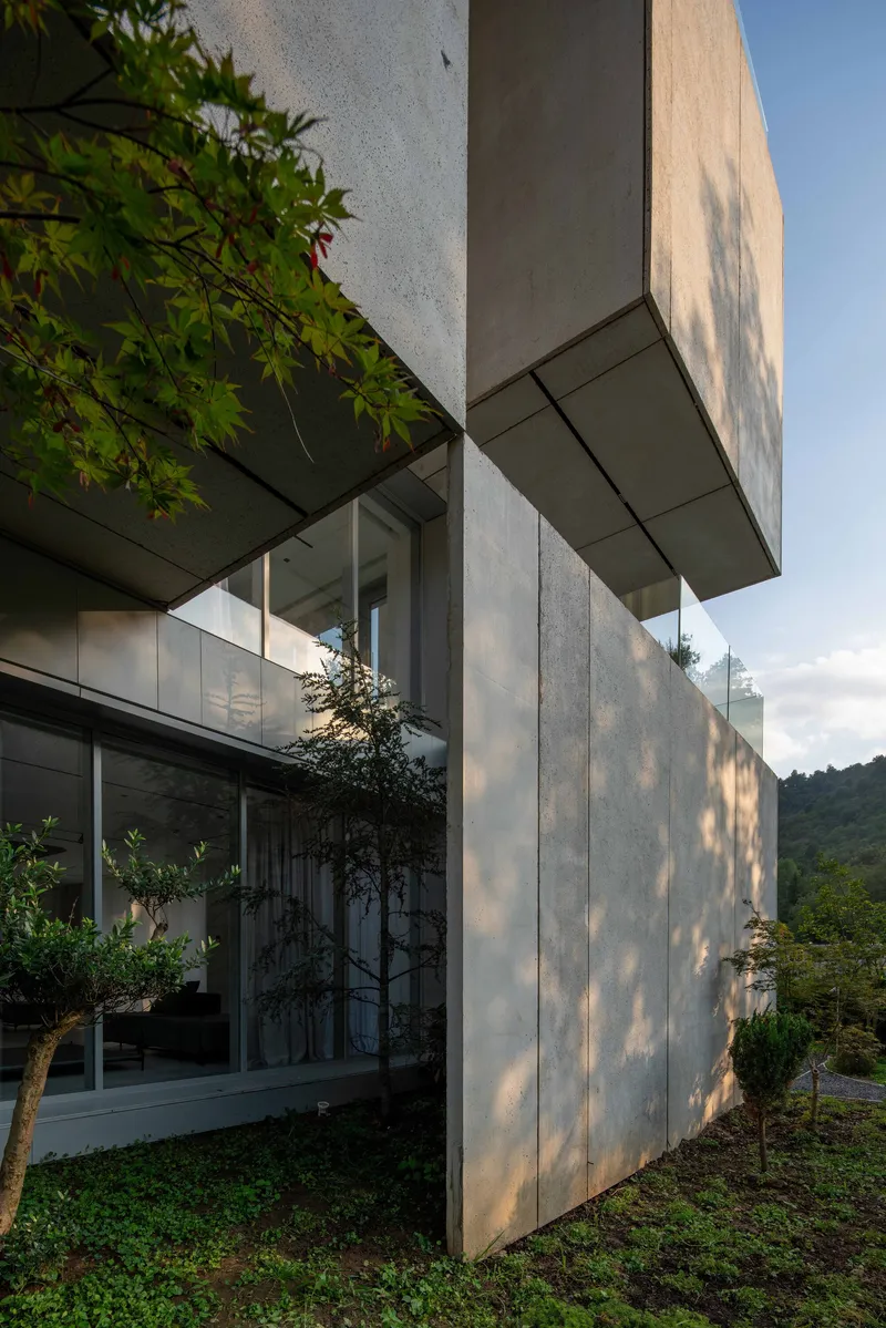 Corner detail of cantilevered concrete volume above glazed corner with tree shadows on the facade
