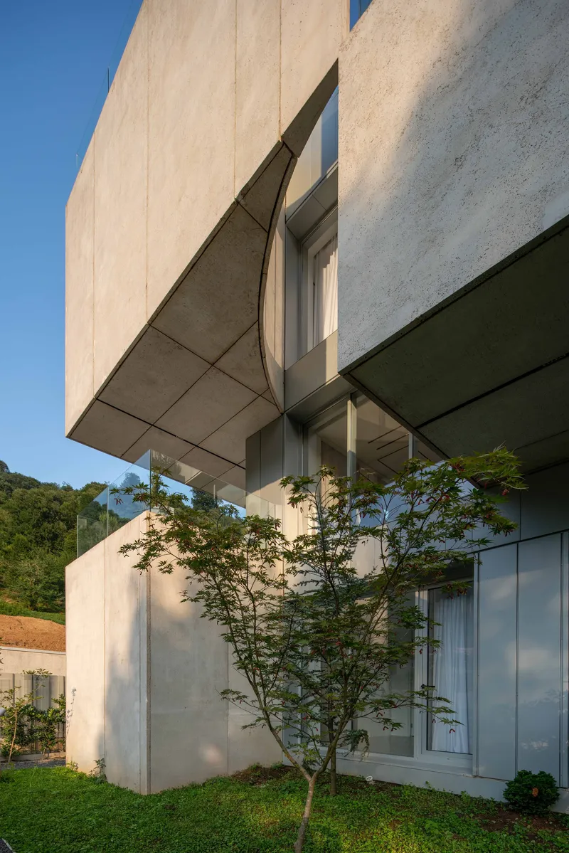 Cantilevered concrete slab extending over glazed facade with a small tree growing at the base