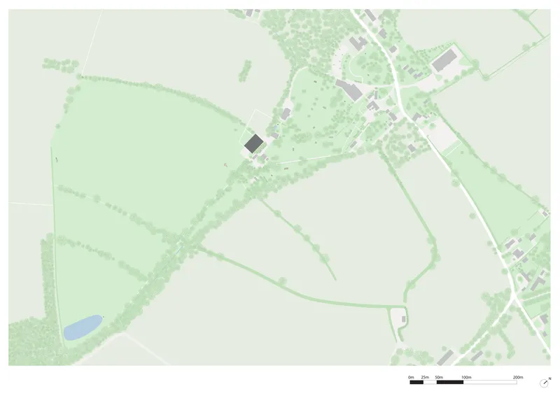 Site plan drawing showing the building footprint within parkland and surrounding tree coverage