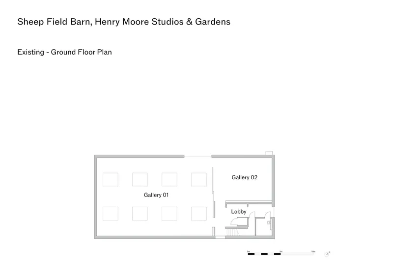 Ground floor plan drawing showing two gallery spaces with a lobby and stair