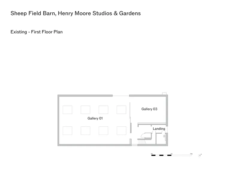 First floor plan drawing showing three gallery spaces connected by a central landing