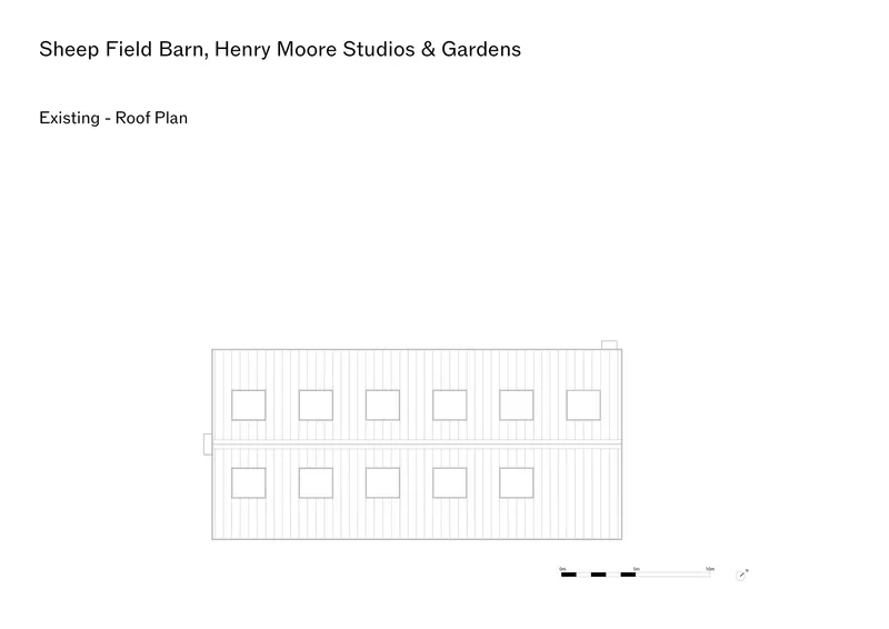 Roof plan drawing showing a rectangular form with eleven evenly spaced square skylights