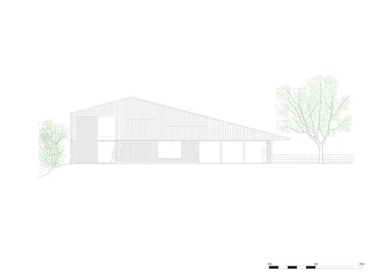 Elevation drawing showing a gabled barn with vertical cladding and flanking trees