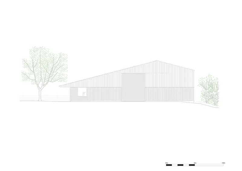 Elevation drawing depicting the barn with offset volumes and a single tree