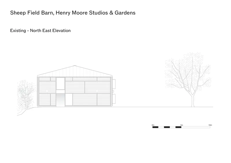 Elevation drawing of the gabled end with mixed window openings between two trees
