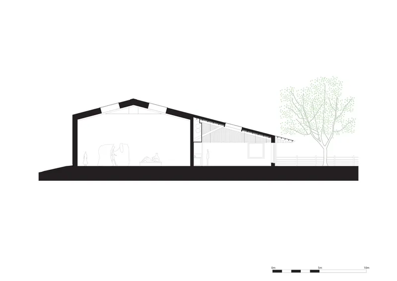 Section drawing showing the pitched roof structure and interior volumes with a tree outside