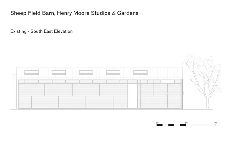 Elevation drawing showing a long horizontal barn facade with clerestory windows and a tree at one end
