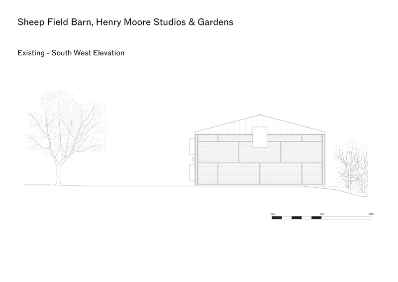 Elevation drawing of a gabled barn structure with horizontal cladding flanked by two trees