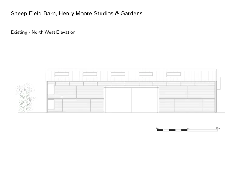 Elevation drawing depicting the barn's long facade with clerestory monitors and a small tree to the left