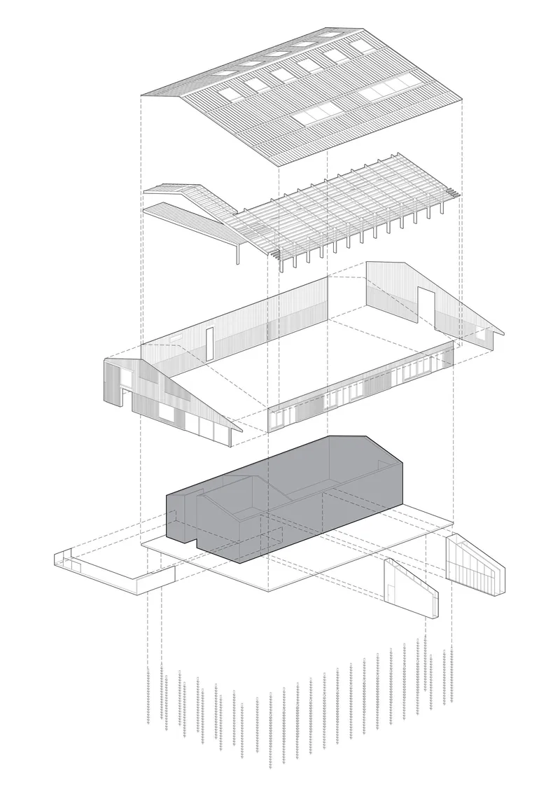 Exploded axonometric drawing showing the layered roof, timber frame, walls, and foundation of the barn