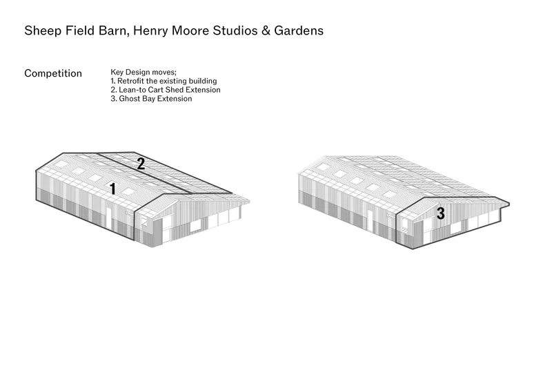 Axonometric diagram illustrating two phases of the barn structure with corrugated metal roofing