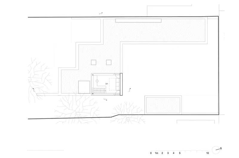 First floor plan drawing showing upper level with terrace and open volumes