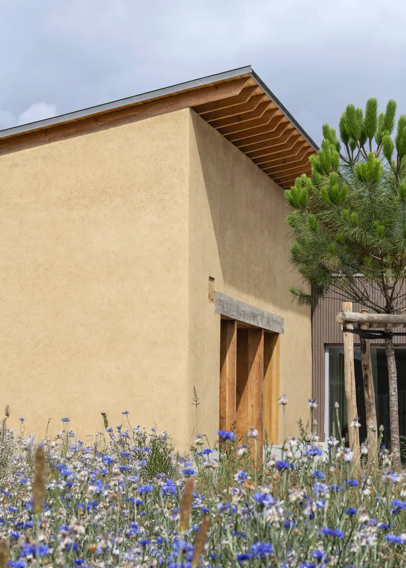 Rammed earth facade with timber entry and exposed eave behind wildflower meadow under cloudy sky