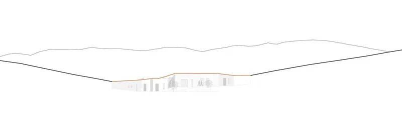 Elevation drawing showing the low horizontal volume set against a rolling hillside profile