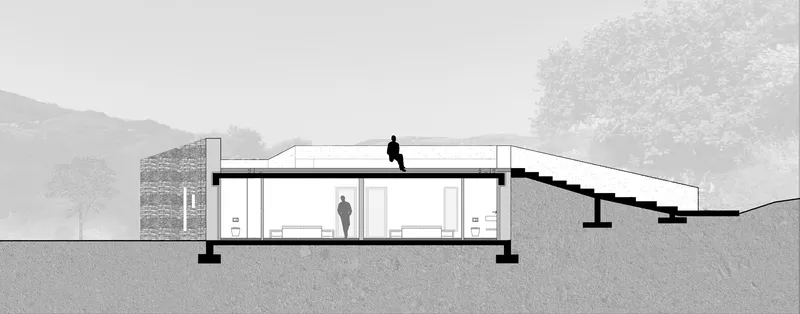 Section drawing showing interior spaces with figures and an exterior stair ascending the slope