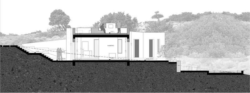 Section drawing showing the residence embedded into a sloped hillside with trees above
