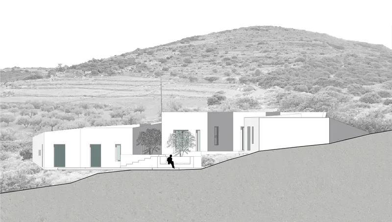 Elevation drawing depicting the white volumes with a figure walking past planted trees