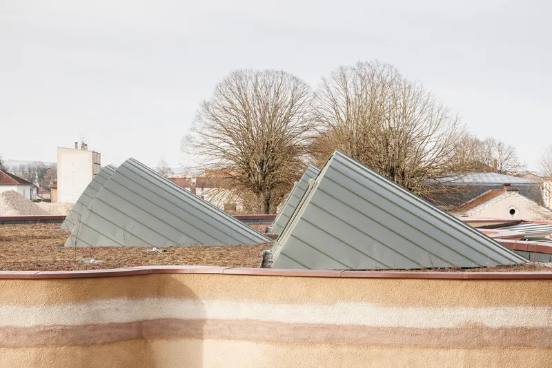 Tilted skylights emerging from the rammed earth roof with bare trees beyond on an overcast day
