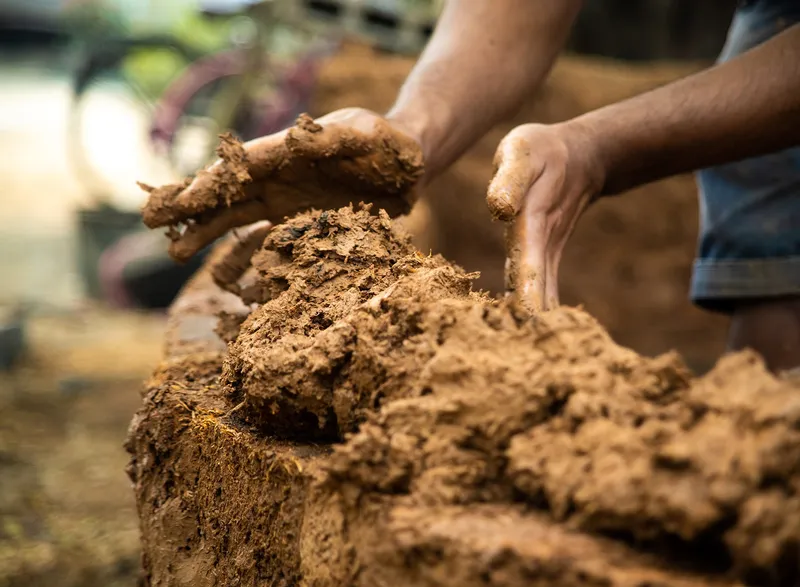 Close-up of raw earth mixture being applied, highlighting tactile construction methods.