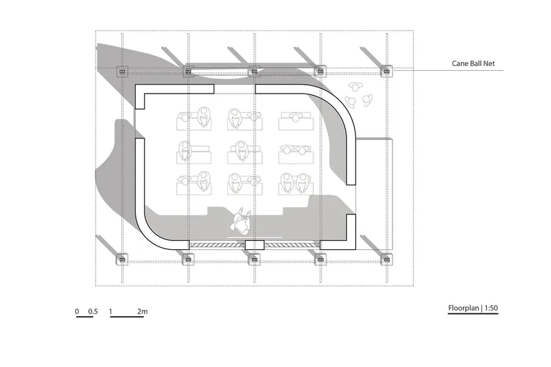 Floor plan illustrating the organic classroom layout within a modular structural grid.