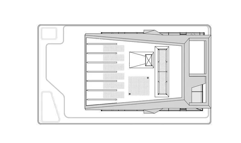 Roof plan drawing showing parallel louver elements and a skylight over the central courtyard