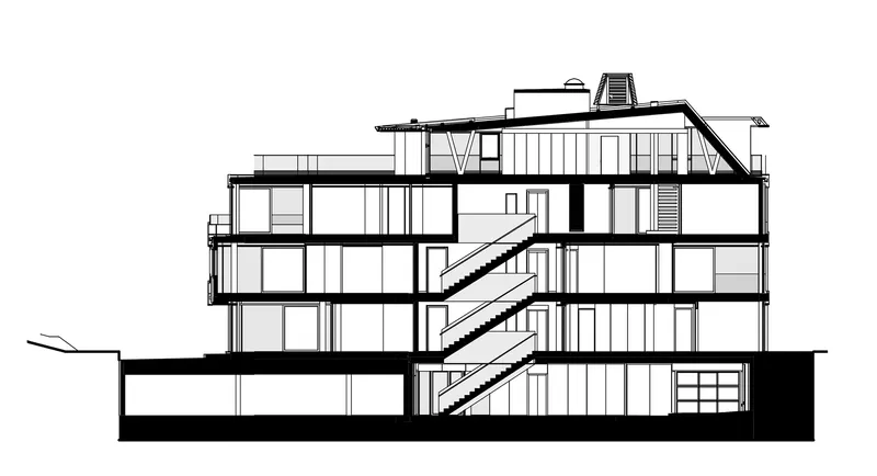 Section drawing revealing the four-story structure with central stair and stepped terraces