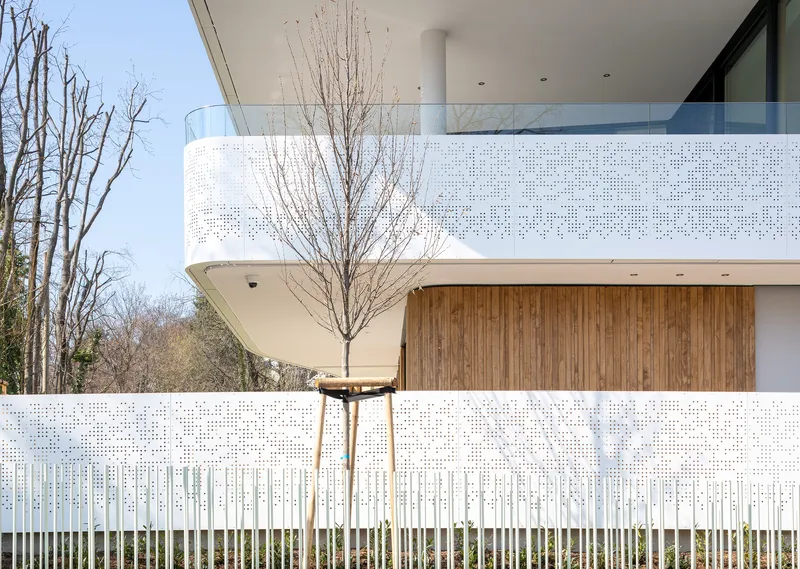 White perforated screen wall beside a young bare tree and slatted metal fence in late autumn