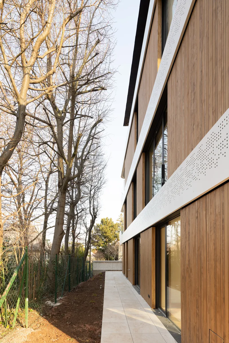 Side walkway with timber cladding and perforated white panels adjacent to bare deciduous trees