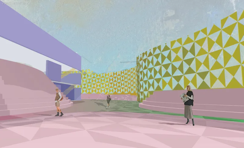 Ground-level experience integrating water, light, and passive environmental systems