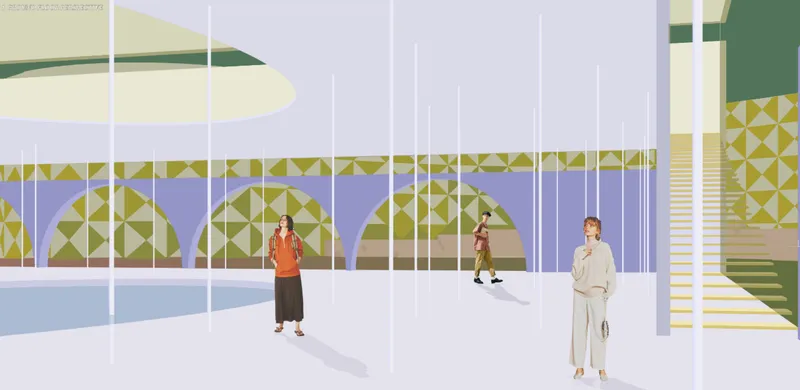 Courtyard perspective emphasizing human interaction within a climate-responsive shell