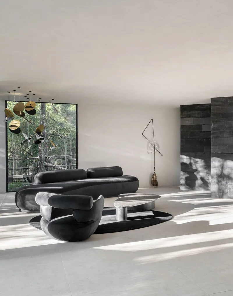 Living area with sculptural seating beneath recessed ceiling lights and view to charred timber courtyard wall