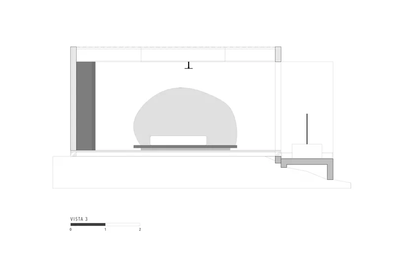 Section drawing showing a domed volume with an opening to an exterior terrace