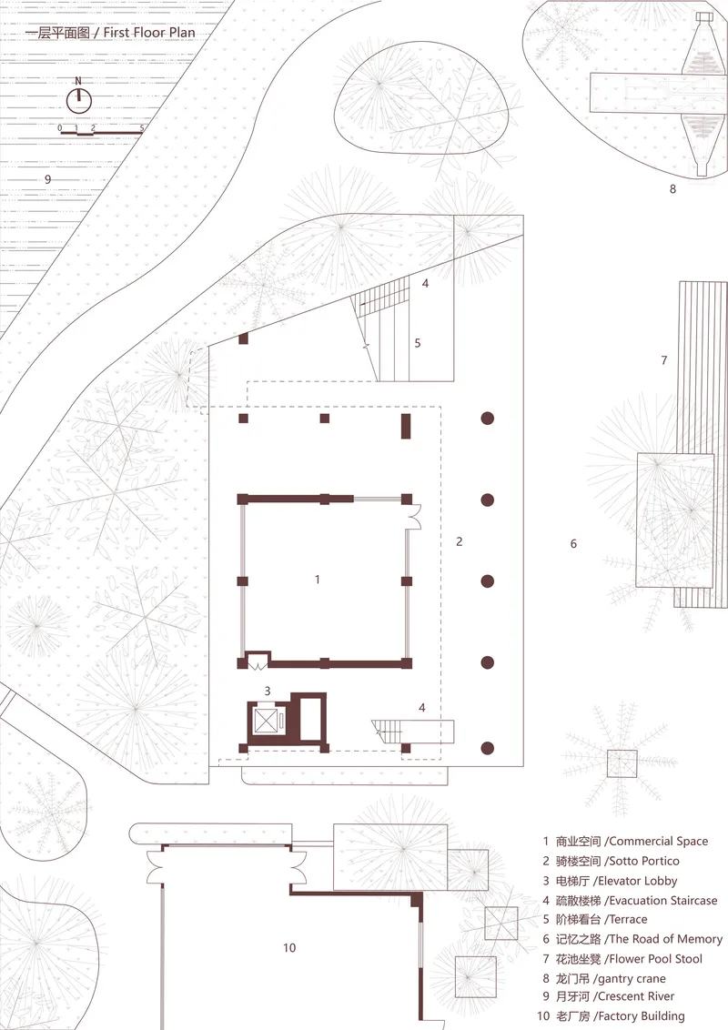First floor plan drawing showing commercial spaces and terrace surrounded by landscape elements and pathways