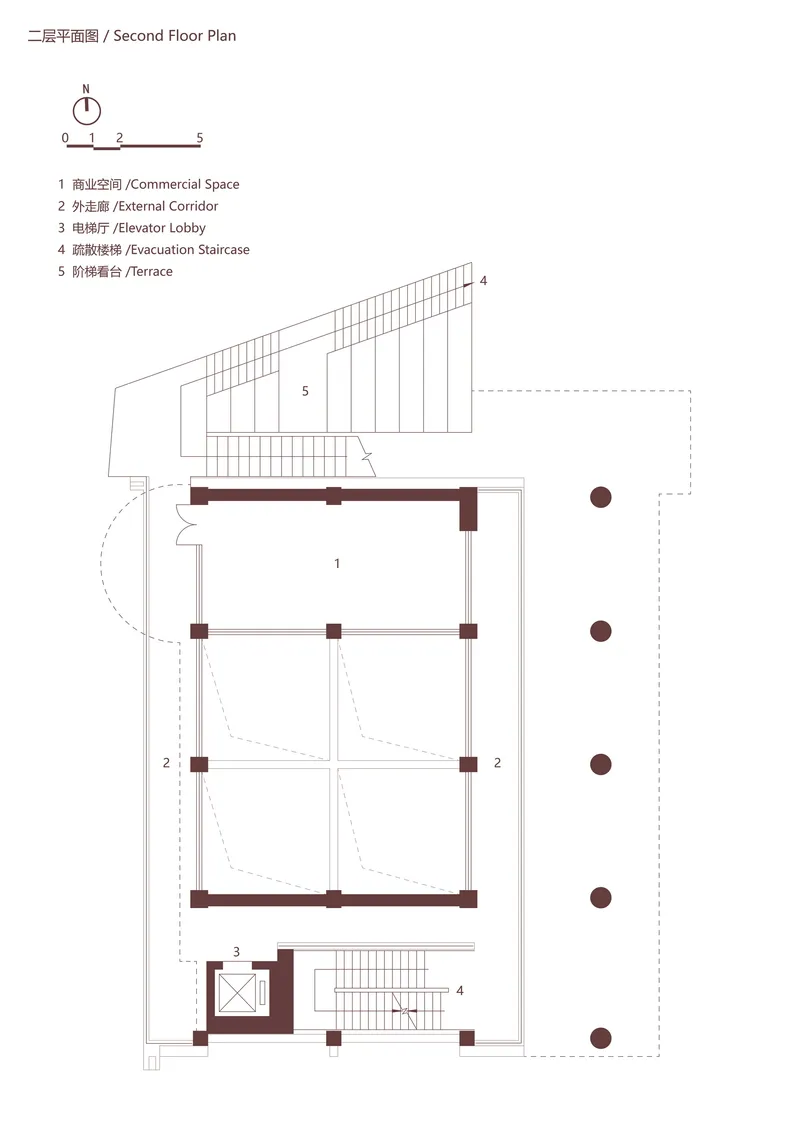 Second floor plan drawing showing commercial space with external corridor and evacuation staircase