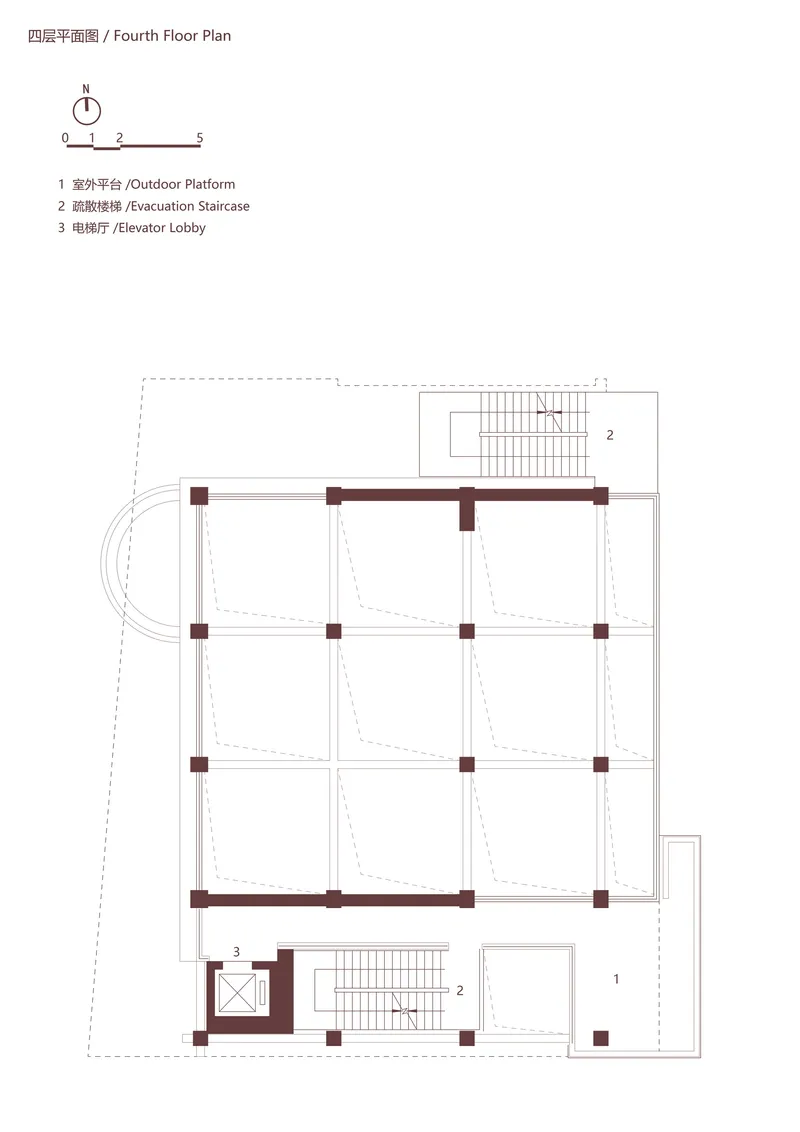 Fourth floor plan drawing showing outdoor platform with evacuation staircase and elevator lobby