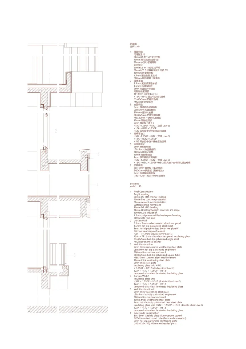 Wall section detail drawing showing the intersection of roof, facade, and floor slab construction