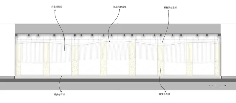 Elevation drawing showing the facade with vertical paneling and a flat roof canopy
