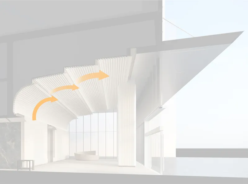 Section drawing showing the ribbed ceiling flowing into interior volumes with circulation arrows