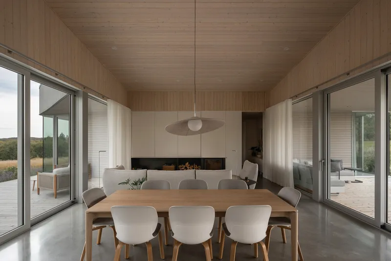 Dining area with timber-lined ceiling and full-height sliding glass doors opening to terraces on both sides