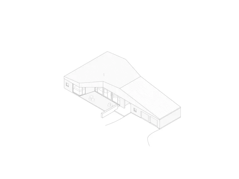 Axonometric drawing showing two angled volumes with large window openings and a connecting pathway